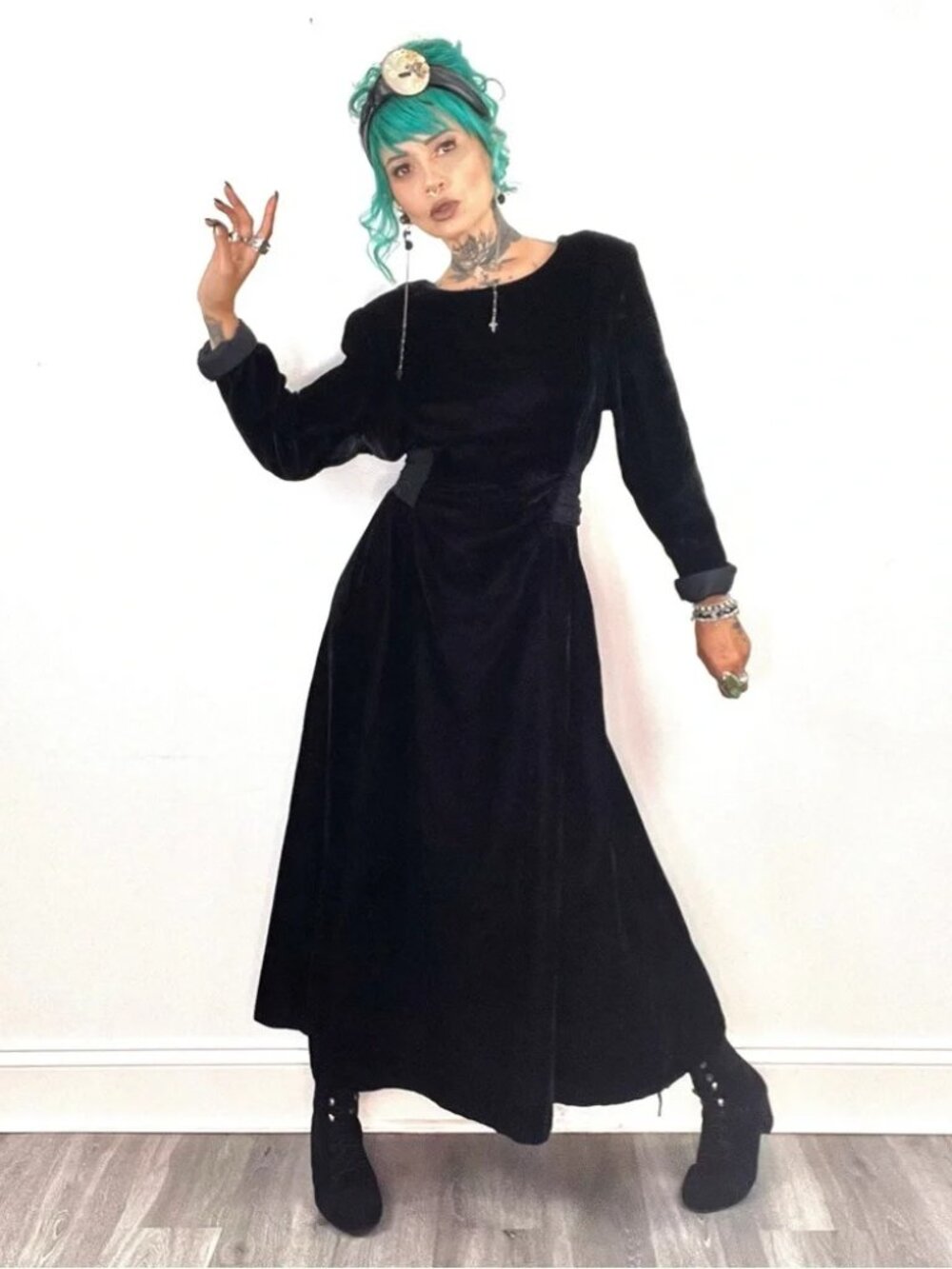 Decades Vintage 1980s Black Draped Panels Goth Girl Long Sleeve Midi Dress